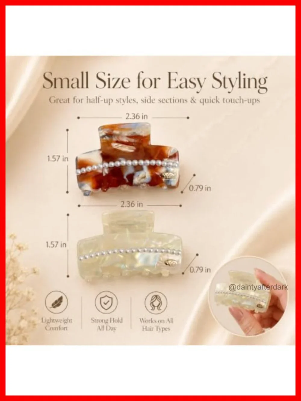 Premium Durable Acetate Pearl Shape Hair Clips, 2 Pack Medium Hair Claw Clips